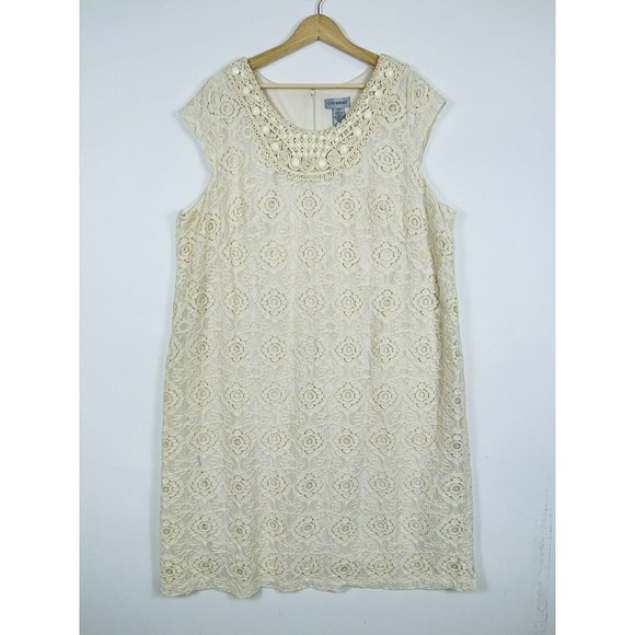 Catherines Ivory Lace Lined Beaded Collar Short Sleeve Sheath Dress Womens 2X - Picture 1 of 7